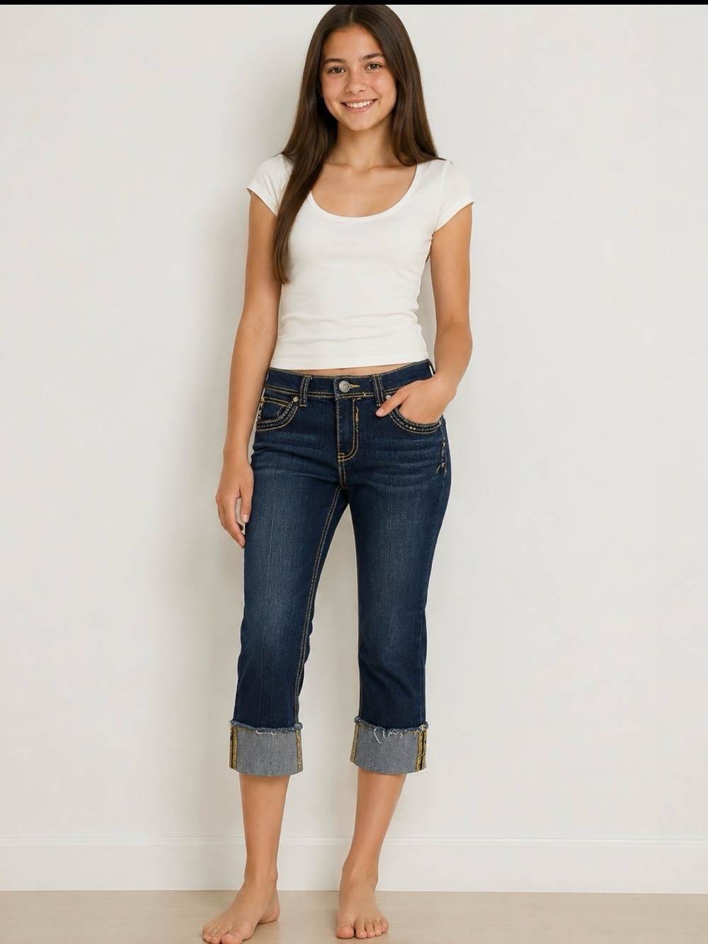 YASO Women’s Dark Wash Stretch Capri Jeans Cropped Cuffed Hem Size 14 Studded